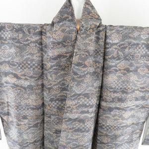 小紋 染紬 寄せ柄文様 袷 広衿 グレー色 正絹 カジュアル着物 仕立て上がり 身丈150cm
