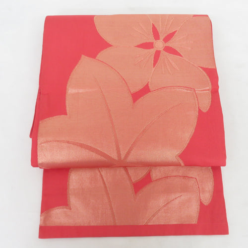 袋帯 桜に紅葉文様 六通柄 正絹 コラールピンクｘシャンパンゴールド 仕立て上がり 長さ420cm