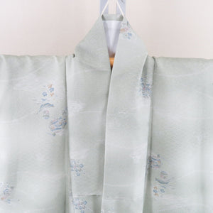 小紋 洗える着物 袷 壺に花柄 薄緑色 広衿 ポリエステル100％ カジュアル 身丈158cm 美品