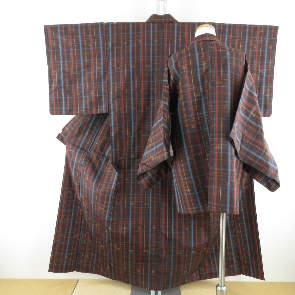 Tsumugi Kimono Ensemble Haori Lattice Pattern Lined Bee Bee Collar Brown Pure Silk Casual Casual Kimono Tailor 153cm