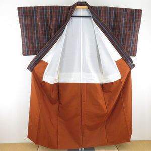Tsumugi Kimono Ensemble Haori Lattice Pattern Lined Bee Bee Collar Brown Pure Silk Casual Casual Kimono Tailor 153cm