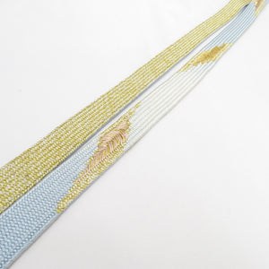 Obi tightening group Silk 100% light blue x gold M size metal yarn usage belt 〆 Pure silk formal Japanese accessories Ladies 159cm