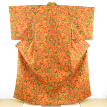画像をギャラリービューアに読み込む, ウール着物 交織 袷 オレンジ 裂取調 花模様 バチ衿 カジュアルきもの 普段着物 仕立て上がり 身丈160cm