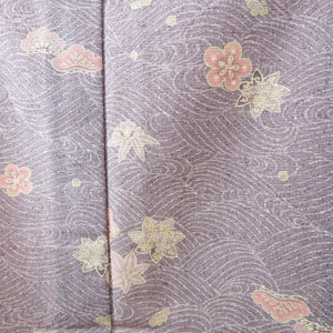 ウール着物 単衣 あづき紫色 波×松竹梅 バチ衿 カジュアルきもの 普段着物 仕立て上がり 身丈163.5cm 美品