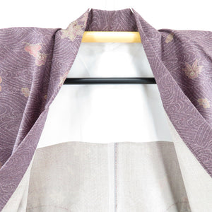 ウール着物 単衣 あづき紫色 波×松竹梅 バチ衿 カジュアルきもの 普段着物 仕立て上がり 身丈163.5cm 美品