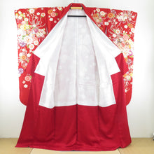 Load image into Gallery viewer, Kimono Silk Red Red Character and flower pattern embroidery with foil lined wide -collar adult graduation ceremony formal tailoring kimono 168cm beautiful goods