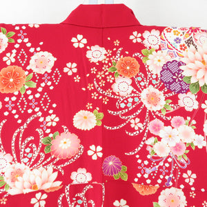 Kimono Silk Red Red Character and flower pattern embroidery with foil lined wide -collar adult graduation ceremony formal tailoring kimono 168cm beautiful goods