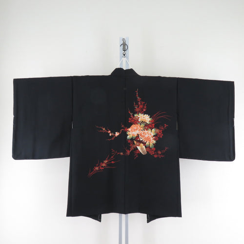 羽織 花包み文様 正絹 黒色ｘ赤色 着物用 身丈79cm