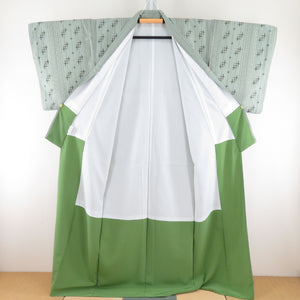 小紋 絣調 緑色ｘ茶色 洗える 袷 バチ衿 ポリエステル100％ カジュアル 仕立て上がり着物 身丈163cm 美品