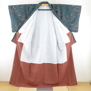 Komon landscape pattern Dark green wash lined wide collar 100 % Casual tailoring kimono 160cm beautiful goods