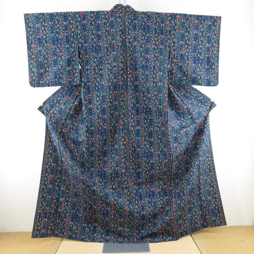ウール着物 単衣 紺×多色 花々×縦ラインデザイン バチ衿 カジュアルきもの 普段着物 仕立て上がり 身丈164.5cm 美品