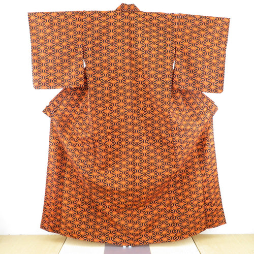 ウール着物 単衣 黒×オレンジ 麻の葉 バチ衿 カジュアルきもの 普段着物 仕立て上がり 身丈160.5cm 美品