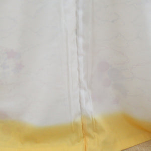 小紋 雲に花車模様 薄黄色ｘ朱色 洗える 袷 広衿 ポリエステル100％ カジュアル 仕立て上がり着物 身丈156cm 美品