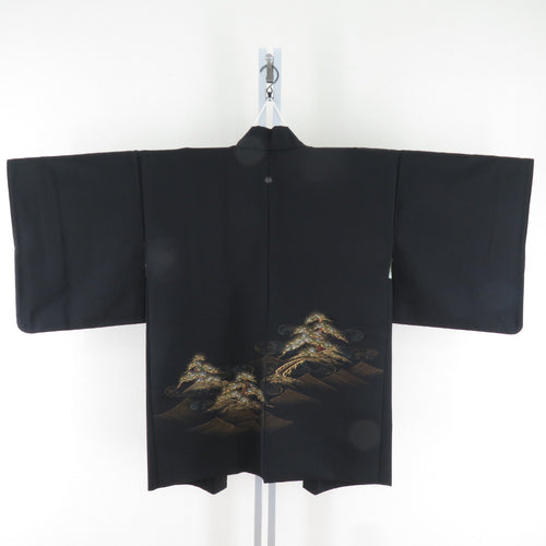Haori landscape sentence One crest pure silk black x gold kimono coat kimono 84cm beautiful goods