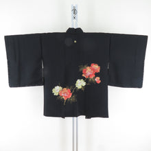 Load image into Gallery viewer, Haori flower sentence One crest pure silk black x vermilion x yellow kimono coat kimono 78cm beautiful goods