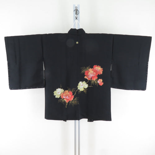 Haori flower sentence One crest pure silk black x vermilion x yellow kimono coat kimono 78cm beautiful goods