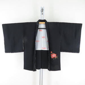 羽織 花文様 一つ紋 正絹 黒色ｘ朱色ｘ黄色 着物コート 着物用 身丈78cm 美品