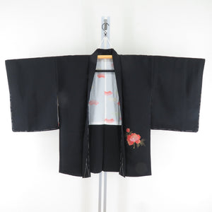 Haori flower sentence One crest pure silk black x vermilion x yellow kimono coat kimono 78cm beautiful goods