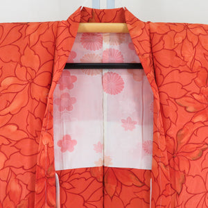 羽織 花文様 正絹 オレンジ色 着物コート 着物用 身丈78cm 美品
