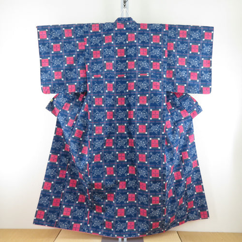紬 着物 格子模様 袷 広衿 青色ｘピンク色 正絹 カジュアル着物 仕立て上がり 身丈154cm 美品
