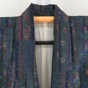 Tsumugi Kimono flower pattern lined wide collar dark blue x green x red pure silk casual kimono tailor 154cm