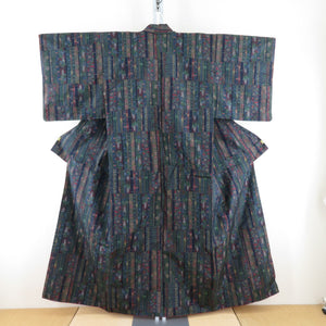 Tsumugi Kimono flower pattern lined wide collar dark blue x green x red pure silk casual kimono tailor 154cm