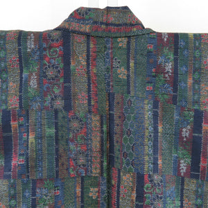 Tsumugi Kimono flower pattern lined wide collar dark blue x green x red pure silk casual kimono tailor 154cm