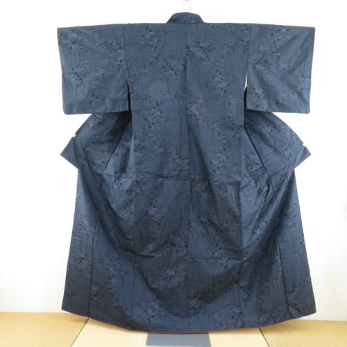 紬 着物 草花模様 袷 広衿 紺色 正絹 カジュアル着物 仕立て上がり 身丈158cm