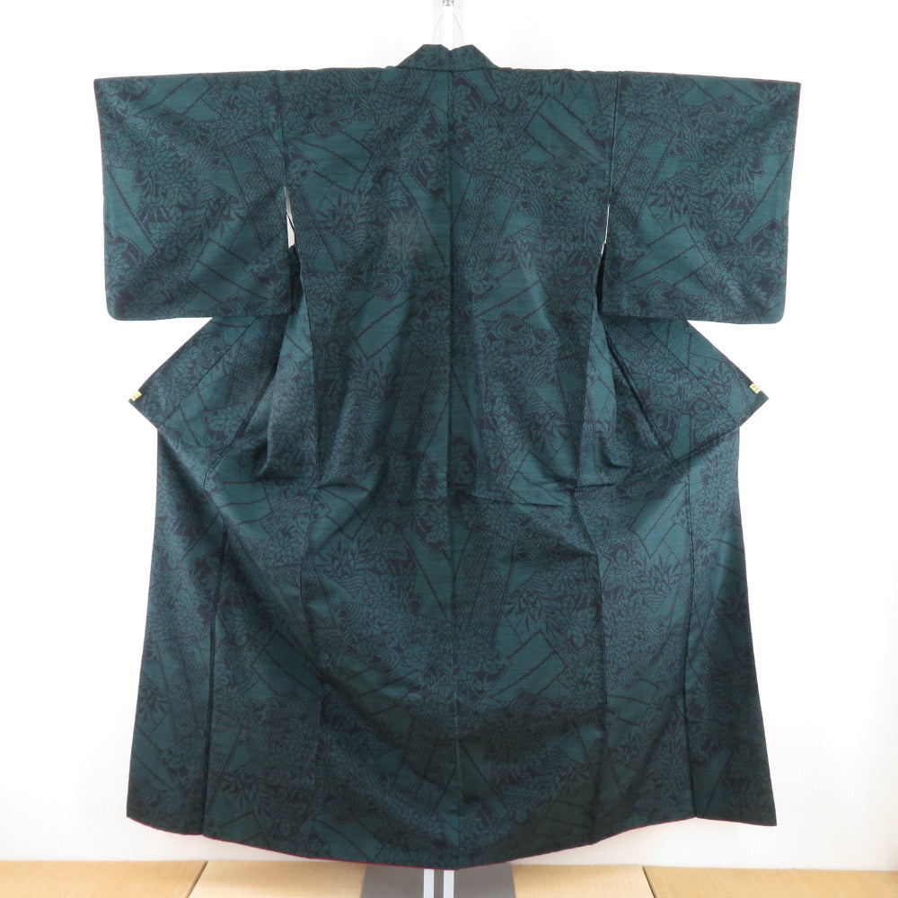 紬 着物 草花模様 袷 広衿 深緑色ｘ黒色 正絹 カジュアル着物 仕立て上がり 身丈153cm 美品