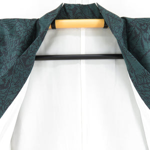 紬 着物 草花模様 袷 広衿 深緑色ｘ黒色 正絹 カジュアル着物 仕立て上がり 身丈153cm 美品
