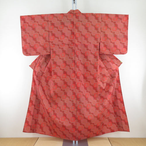 ウール着物 単衣 オレンジ色ｘ赤色 玉に花模様 バチ衿 カジュアルきもの 普段着物 仕立て上がり 身丈153cm 美品