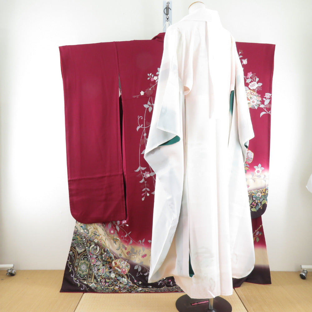 Kimono Kimono Kimono Hube Set Wine Red Set Wine Red x Brown X -colored Blurry Dyeding Golden Wide Collar Graduation Ceremony Graduation Ceremony Formal Store 167cm Beautiful goods