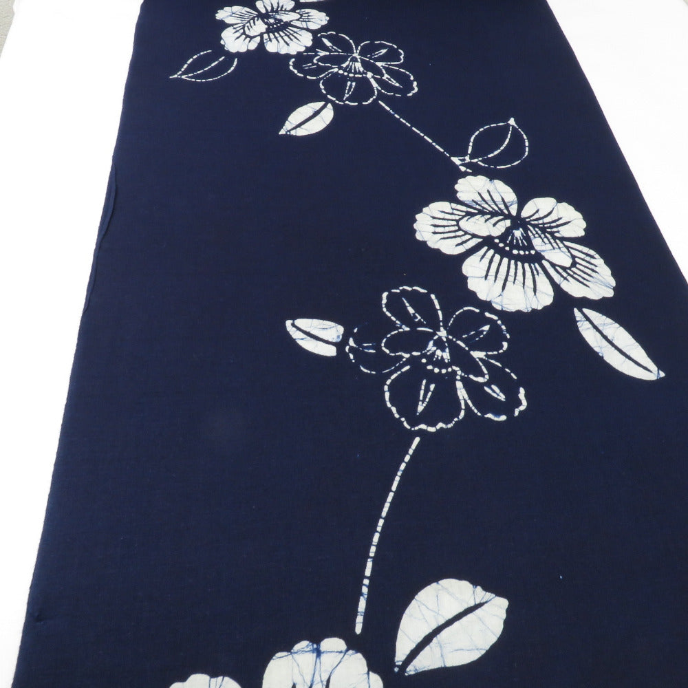 反物 浴衣反物 紺×白色 花 綿100％ 東京本染 ローケツ染 糸留めあり 