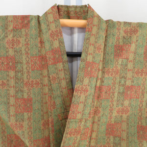 Wool kimono single garment green x orange geometric pattern Bee collar casual kimono Kimono tailoring height 158cm