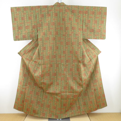 ウール着物 単衣 緑×オレンジ系 幾何学模様 バチ衿 カジュアルきもの 普段着物 仕立て上がり 身丈158cm