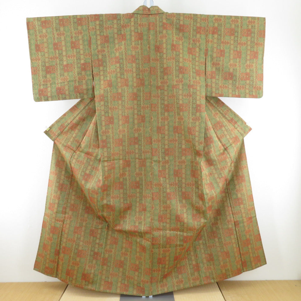 Wool kimono single garment green x orange geometric pattern Bee collar casual kimono Kimono tailoring height 158cm