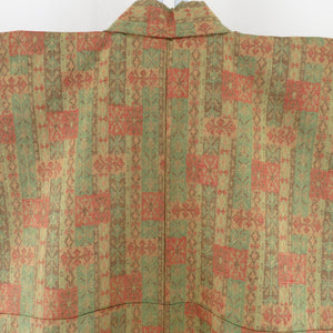 ウール着物 単衣 緑×オレンジ系 幾何学模様 バチ衿 カジュアルきもの 普段着物 仕立て上がり 身丈158cm