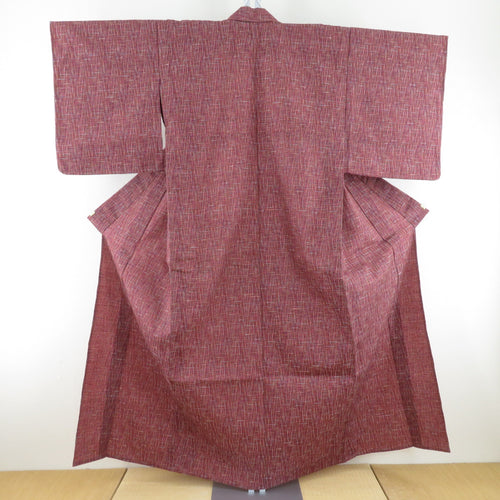ウール着物 単衣 エンジ系 格子調 幾何学模様 バチ衿 カジュアルきもの 普段着物 仕立て上がり 身丈158cm 美品