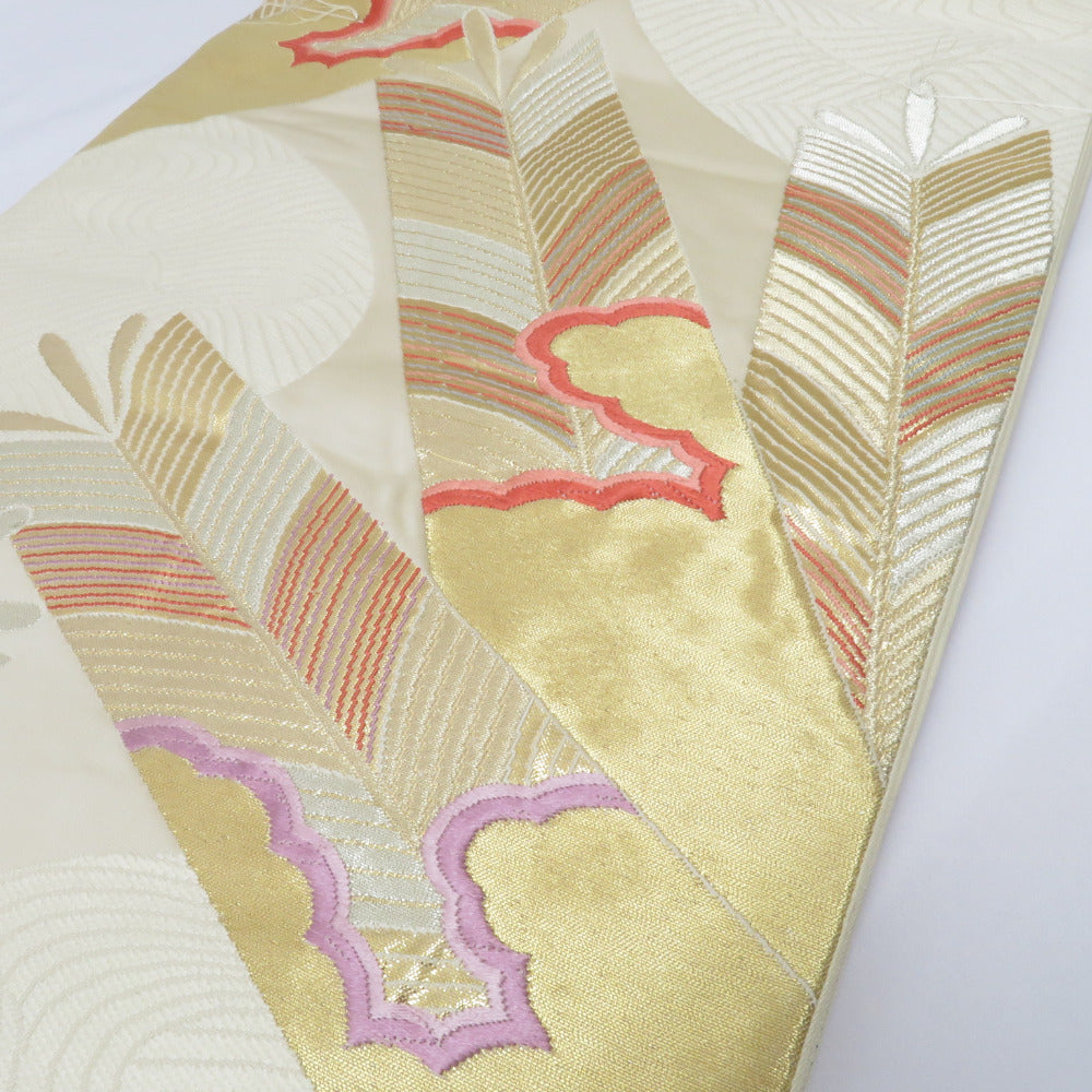 袋帯 松デザイン 正絹 生成×金 糸とじ フォーマル 六通柄 振袖に 訪問 