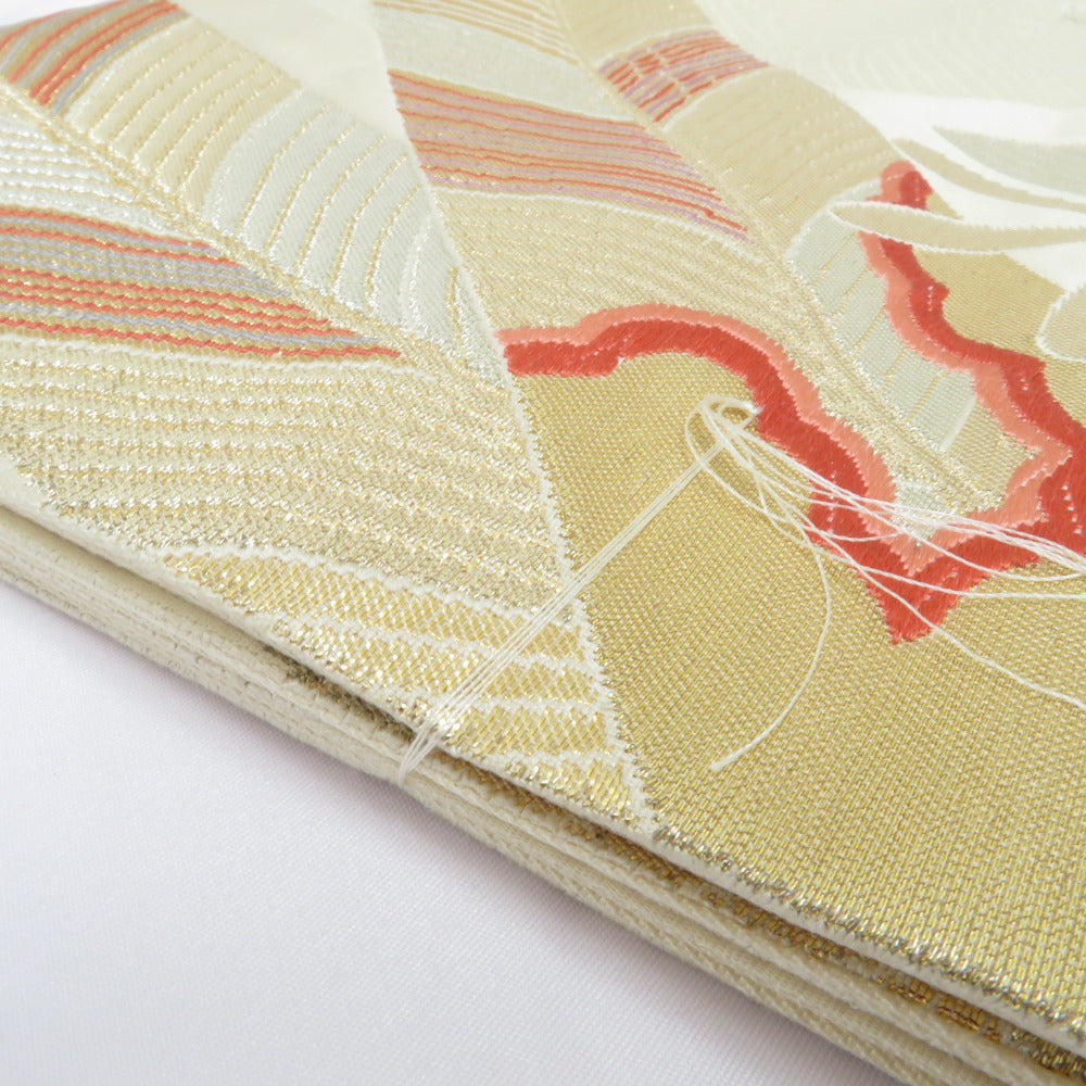 袋帯 松デザイン 正絹 生成×金 糸とじ フォーマル 六通柄 振袖に 訪問