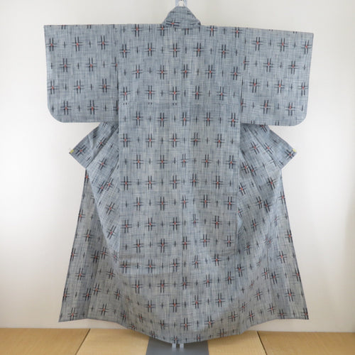 ウール着物 単衣 グレー白 格子 絣調 広衿 カジュアルきもの 普段着物 仕立て上がり 身丈154.5cm