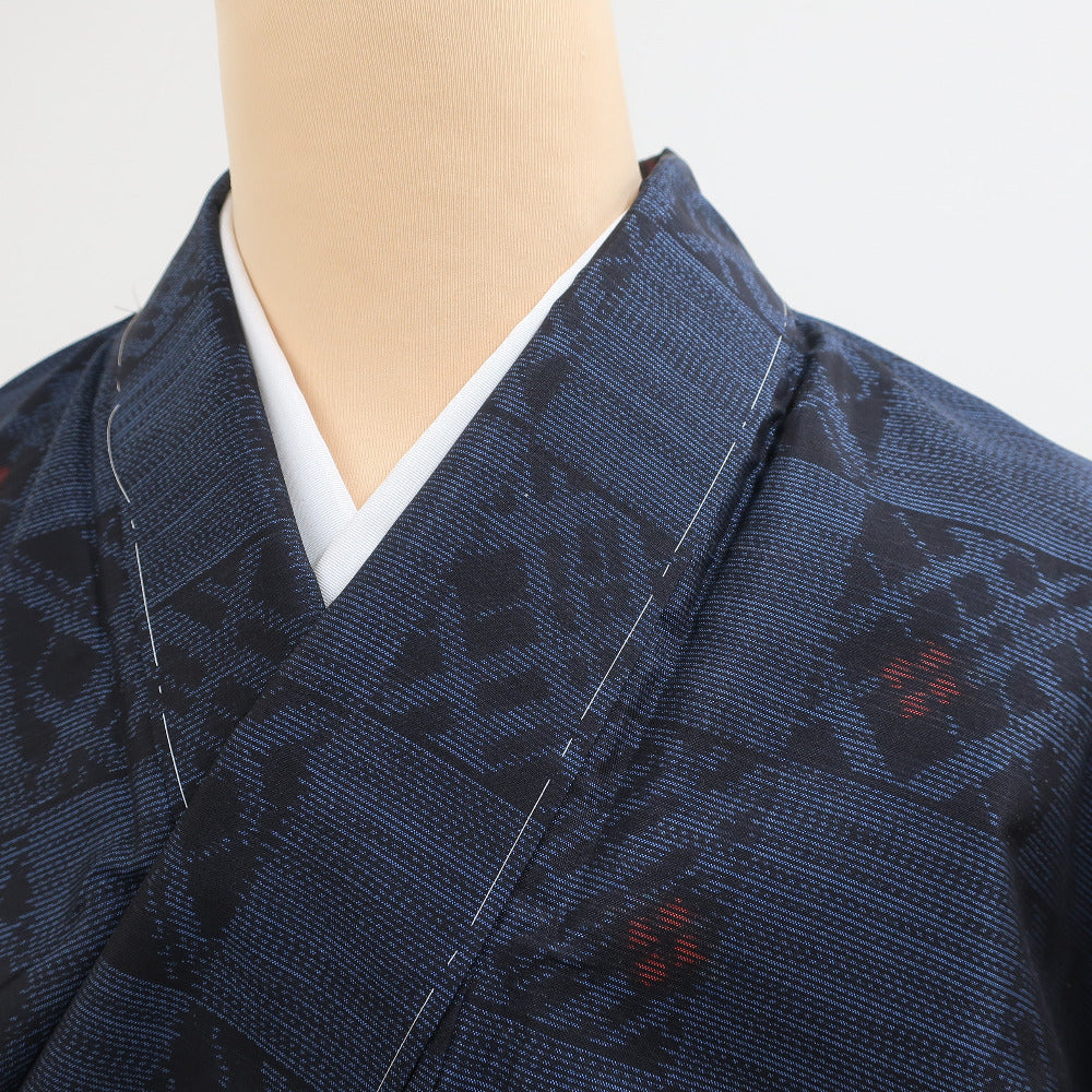 紬 着物 横双大島紬 紺 市松 カジュアル 広衿 袷 普段使い 身丈156cm 美品