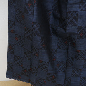紬 着物 横双大島紬 紺 市松 カジュアル 広衿 袷 普段使い 身丈156cm 美品