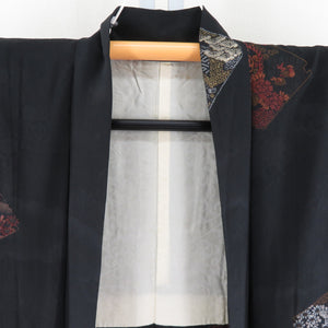 羽織 正絹 色紙調 正絹 一つ紋 黒色ｘ茶色 銀糸 着物コート 着物用 身丈81.5cm
