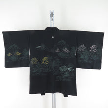 画像をギャラリービューアに読み込む, 羽織 正絹 風景織模様 一つ紋 黒色ｘ緑色 金銀糸 着物コート 着物用 身丈83cm
