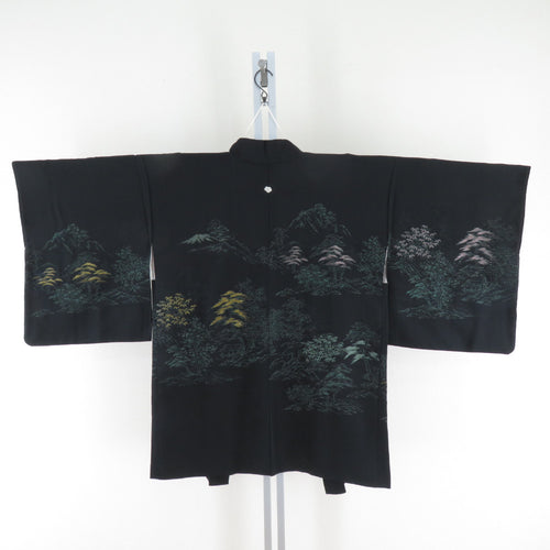 Haori silk scenery weave pattern One crest black x green gold silver thread kimono coat kimono 83cm