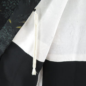 羽織 正絹 風景織模様 一つ紋 黒色ｘ緑色 金銀糸 着物コート 着物用 身丈83cm