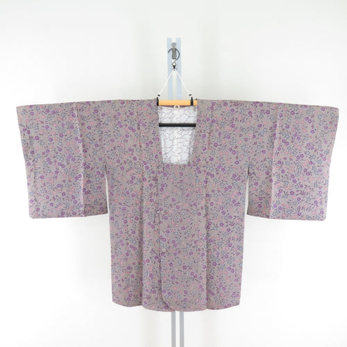 道行 正絹 花模様 グレーｘ紫ピンク色 和装コート 着物用 ちりよけ カジュアル 身丈83.5cm