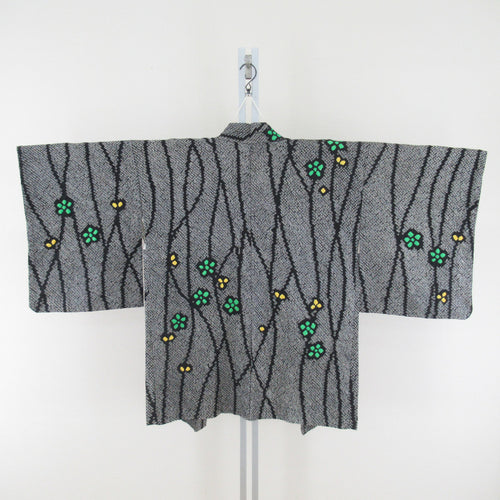 Haori silk staggered striped striped flower pattern black x green x yellow squeezed kimono coat kimono 81cm