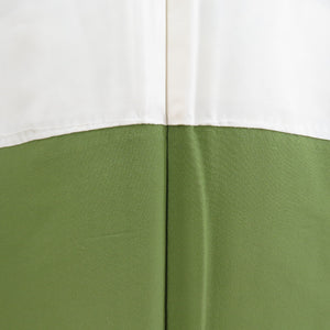 小紋 植物色々模様 パッチワーク調 緑色ｘ茶色ｘ辛子色 袷 広衿 正絹 ゆったりサイズ カジュアル 仕立て上がり着物 身丈163cm